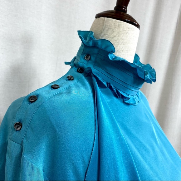 Chloe Vintage Teal Blue Mock Neck Ruffle Blouse - Picture 6 of 10